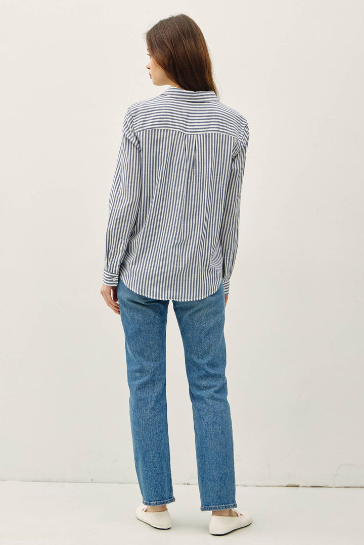STRIPED LONG SLEEVE COLLARED BUTTON UP SHIRTS - DENIM - The Color Collab