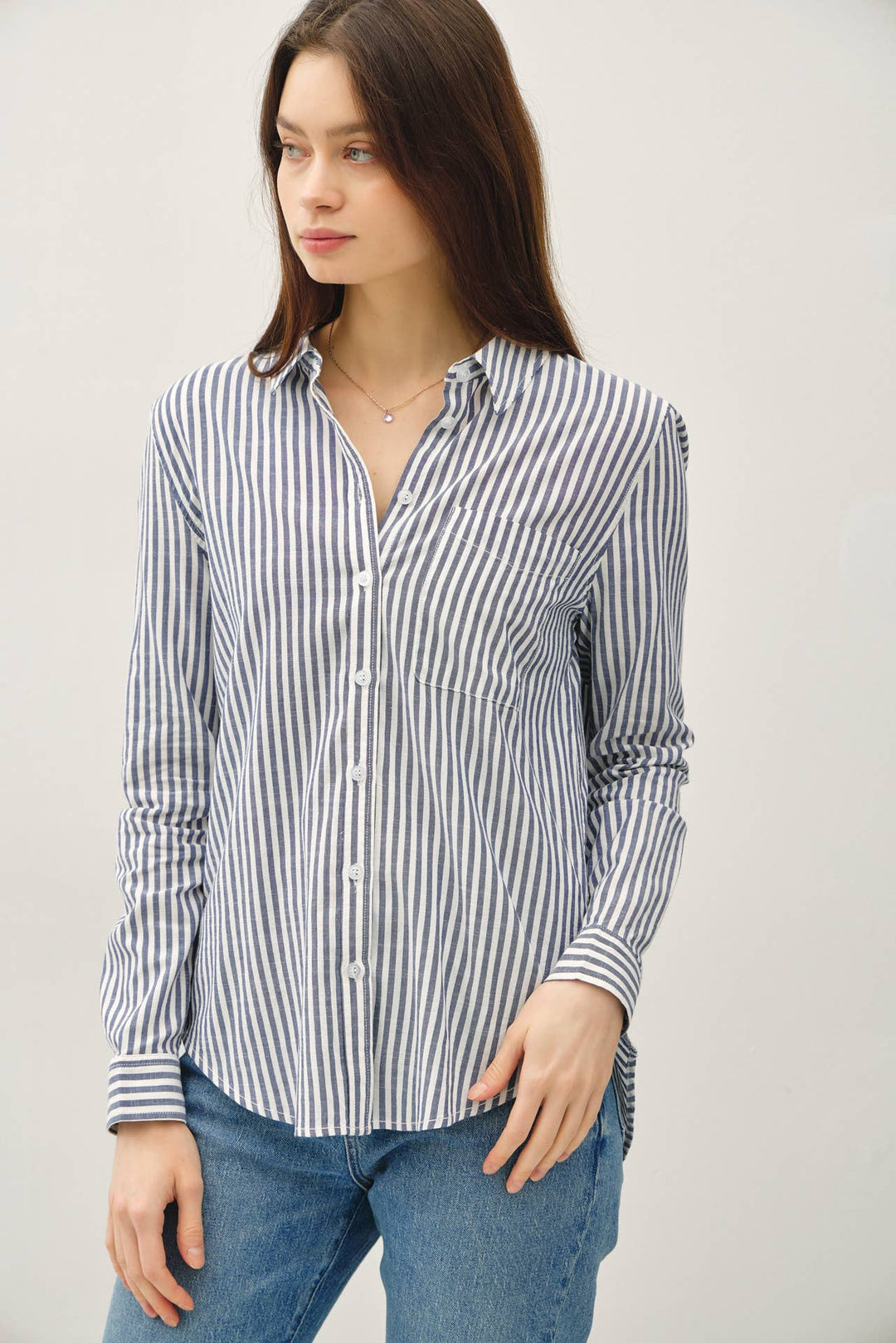 STRIPED LONG SLEEVE COLLARED BUTTON UP SHIRTS - DENIM - The Color Collab