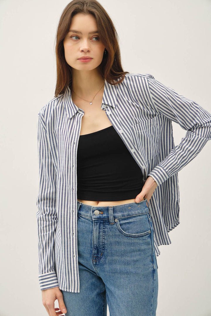 STRIPED LONG SLEEVE COLLARED BUTTON UP SHIRTS - DENIM - The Color Collab