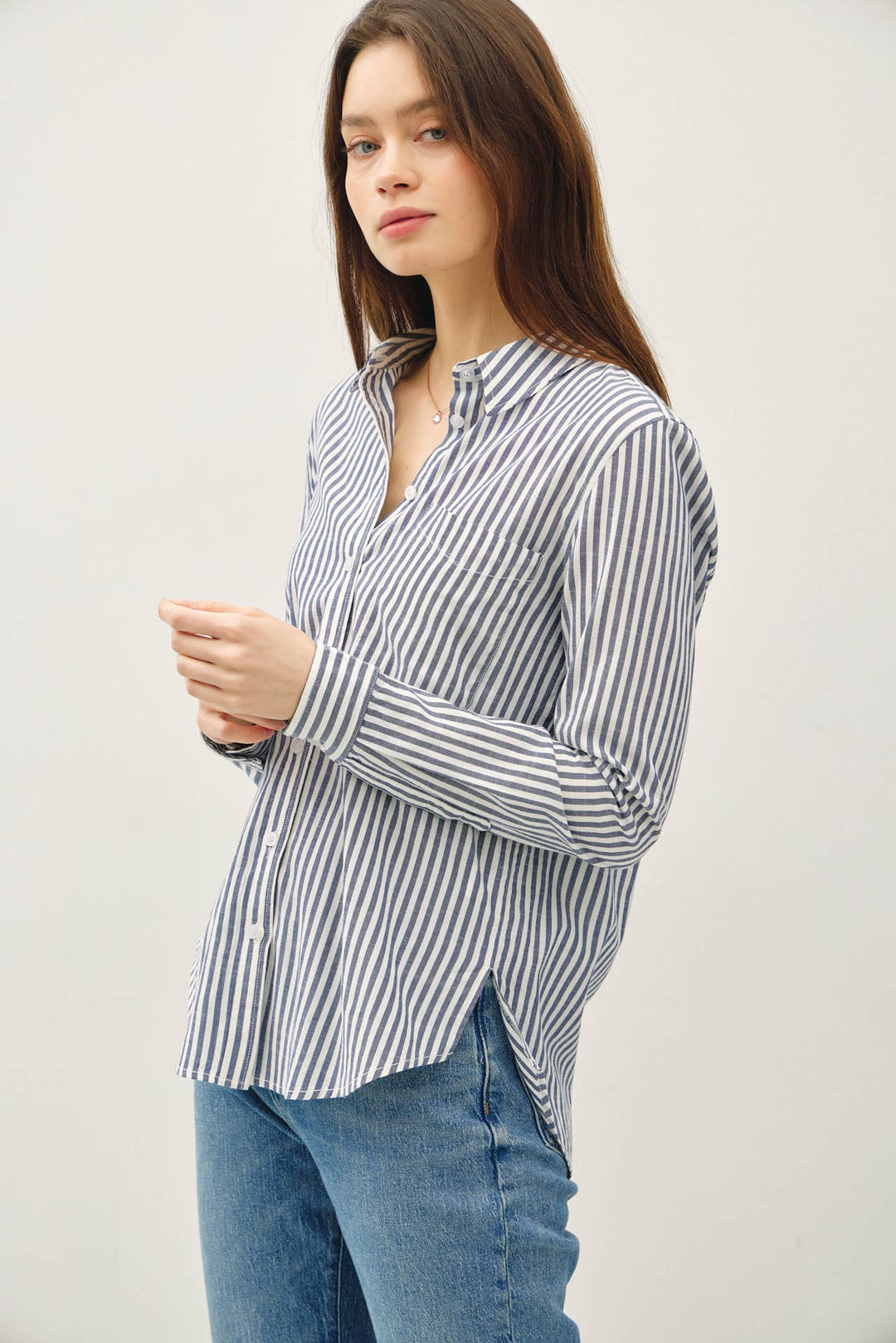 STRIPED LONG SLEEVE COLLARED BUTTON UP SHIRTS - DENIM - The Color Collab