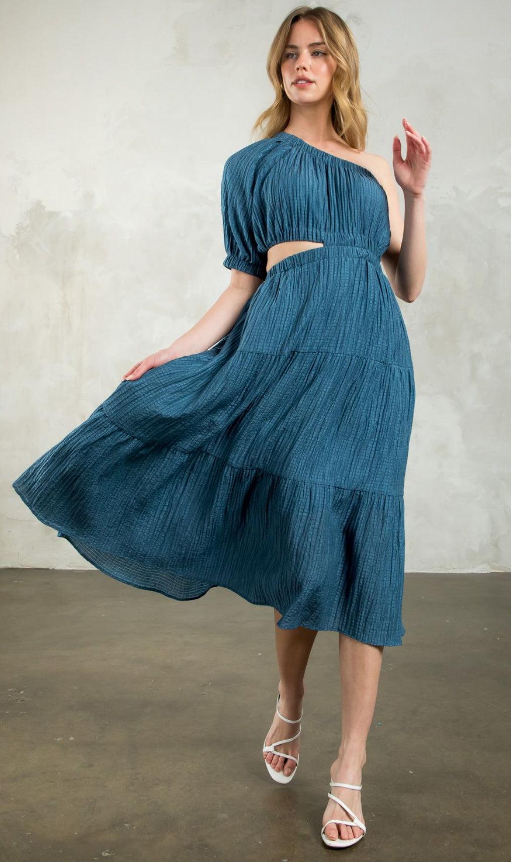 THML - Textured Cut Out Maxi Dress. Perfect for any occasion, Textured Small / Steel Blue THML - Textured Cut Out Maxi Dress. Perfect for any occasion, Textured Small / Steel Blue