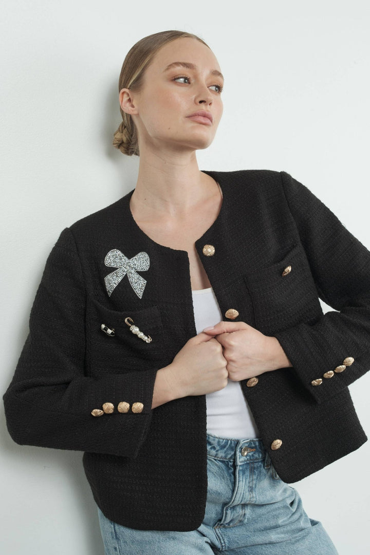 TWEED JACKET WITH RHINESTONES PATCH AND GOLD BUTTON - The Color Collab