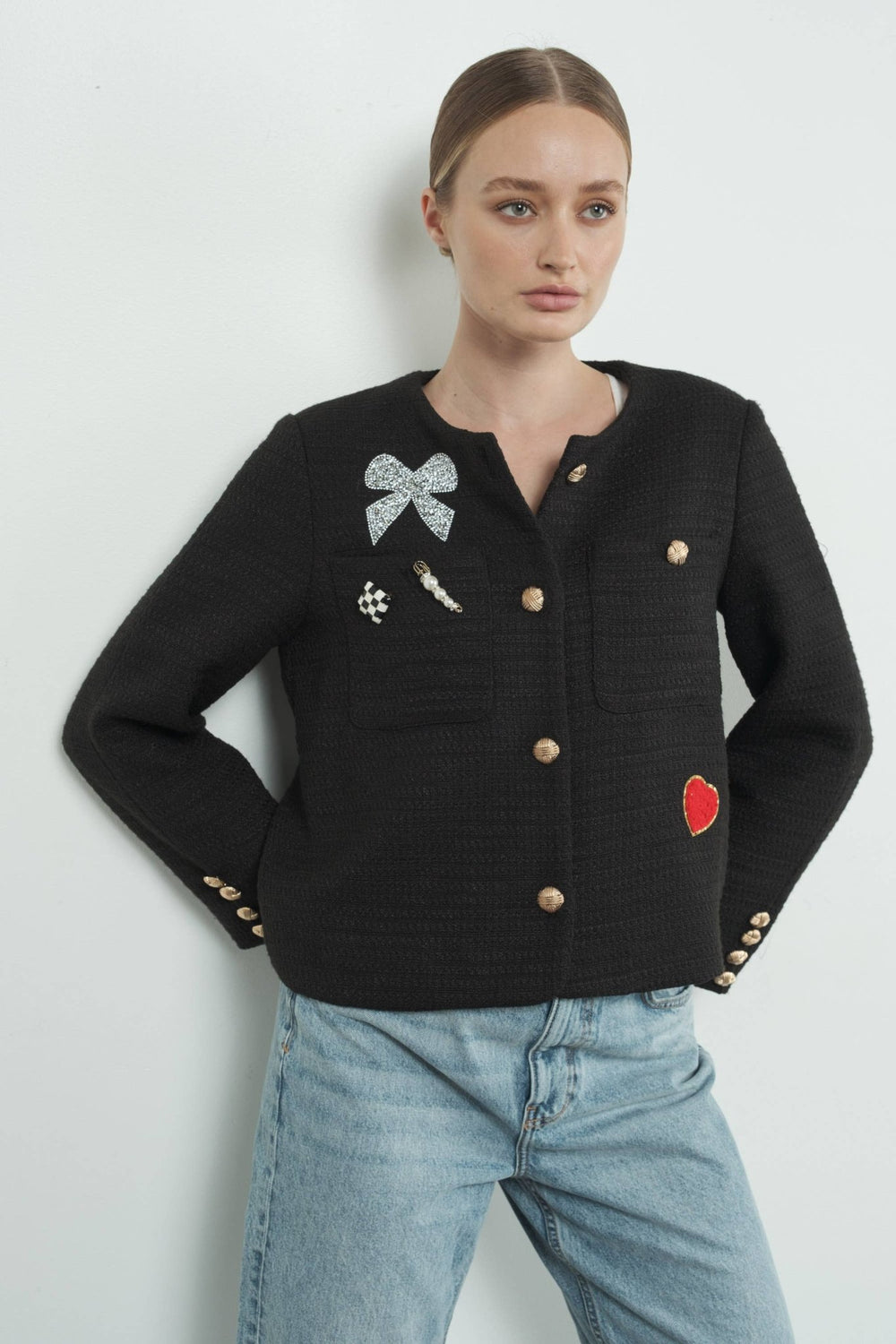 TWEED JACKET WITH RHINESTONES PATCH AND GOLD BUTTON - The Color Collab