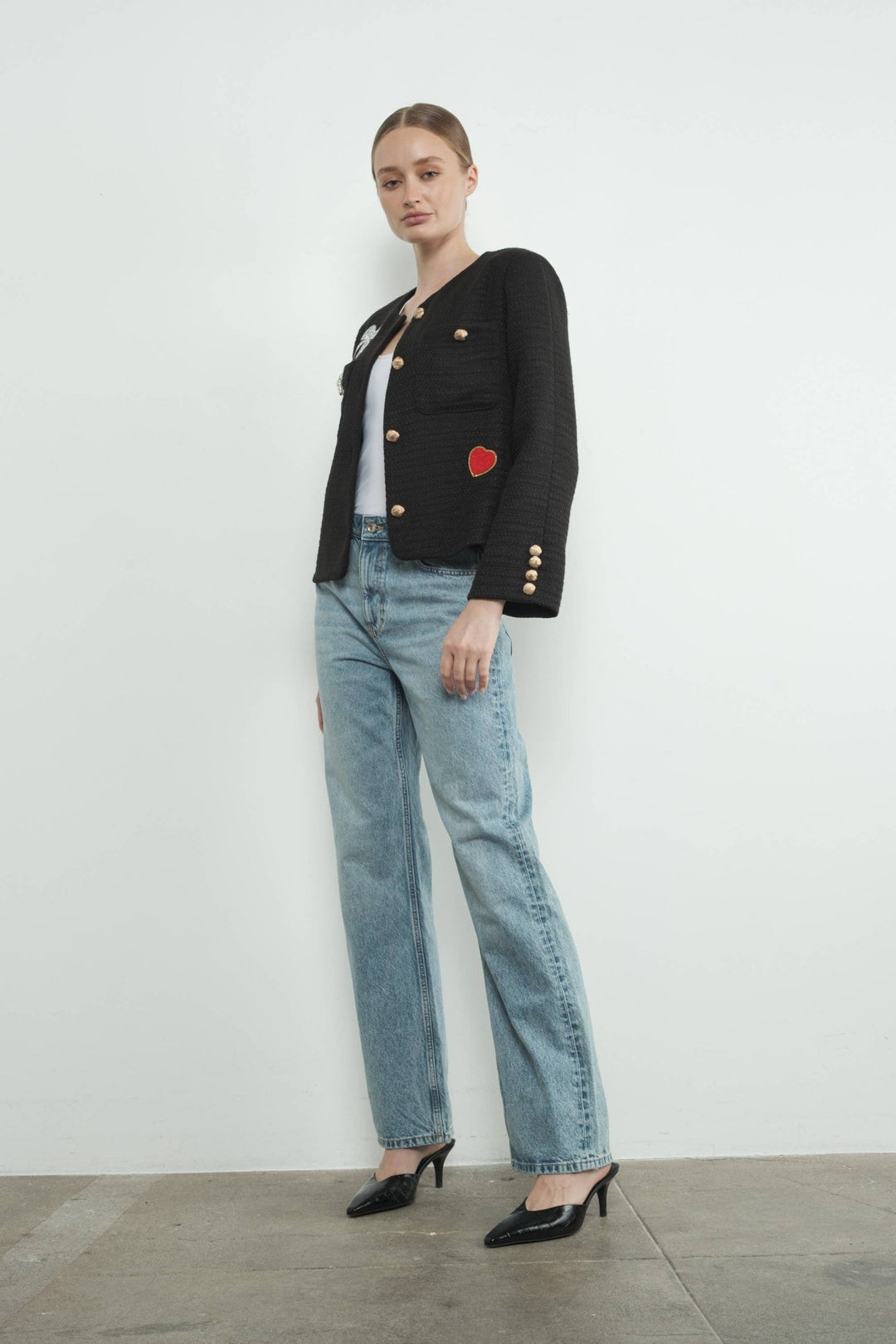 TWEED JACKET WITH RHINESTONES PATCH AND GOLD BUTTON - The Color Collab