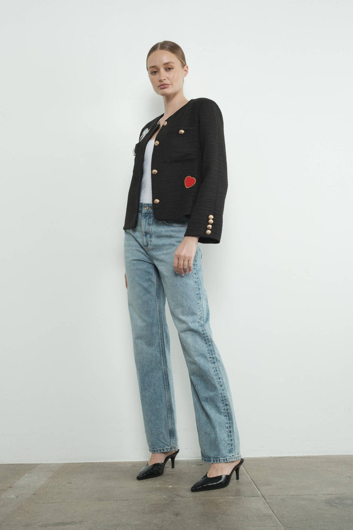 TWEED JACKET WITH RHINESTONES PATCH AND GOLD BUTTON - The Color Collab