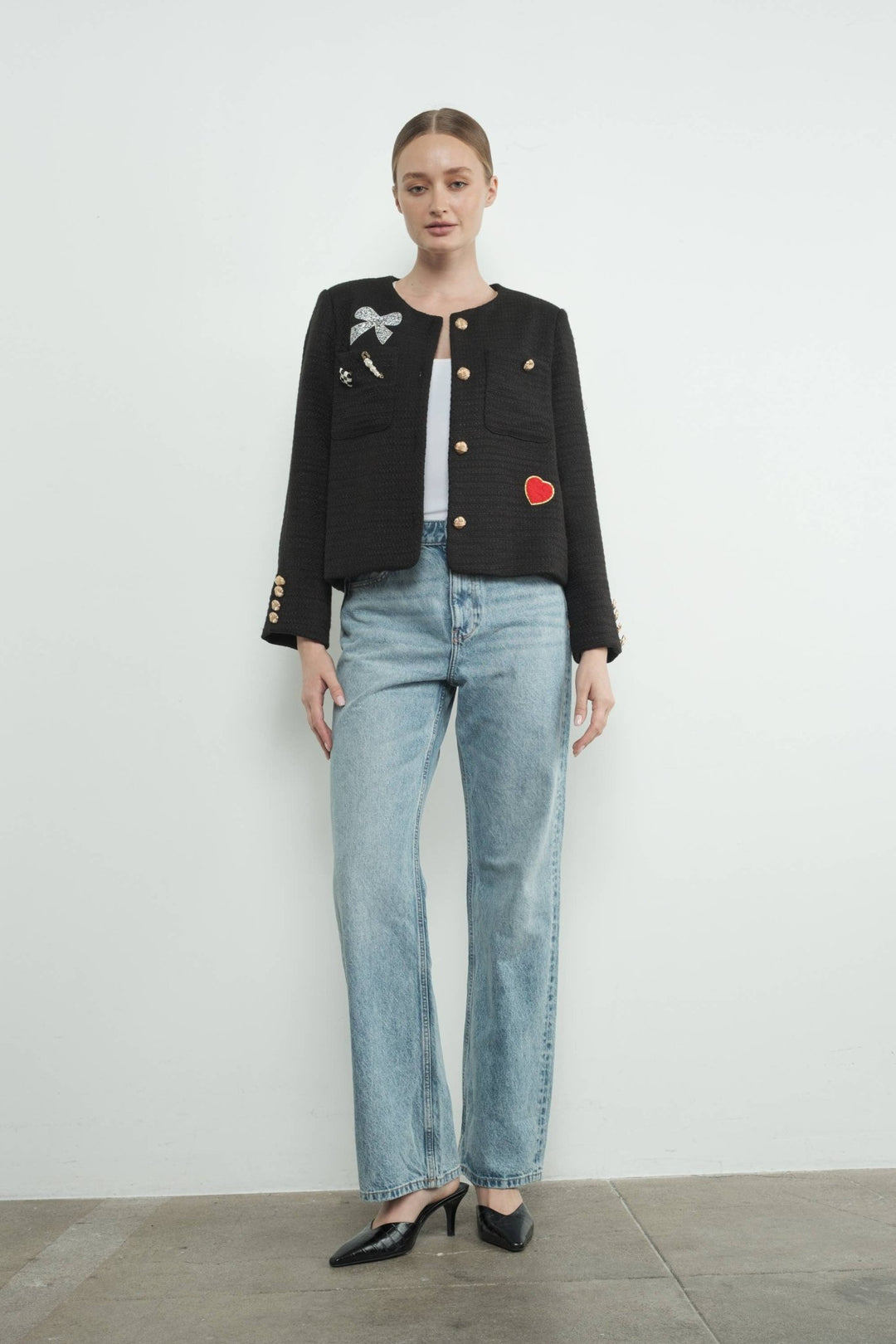 TWEED JACKET WITH RHINESTONES PATCH AND GOLD BUTTON - The Color Collab