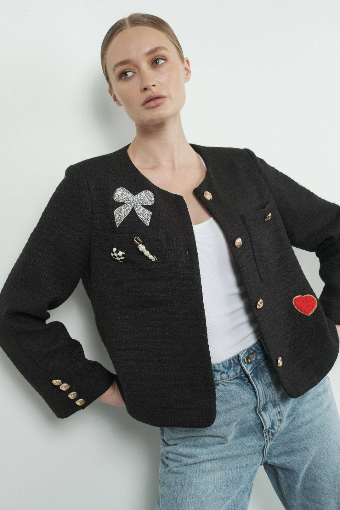 TWEED JACKET WITH RHINESTONES PATCH AND GOLD BUTTON - The Color Collab