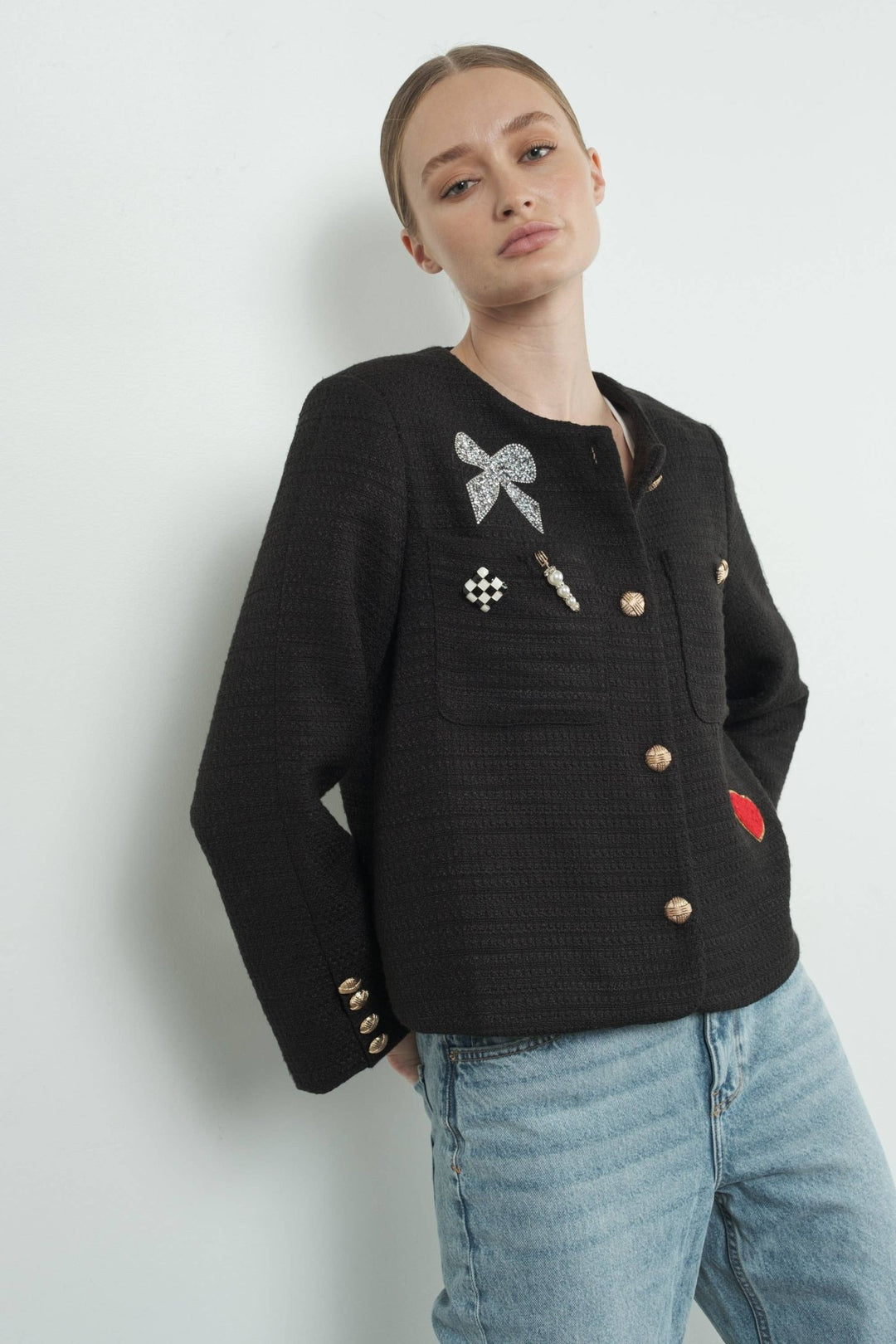 TWEED JACKET WITH RHINESTONES PATCH AND GOLD BUTTON - The Color Collab