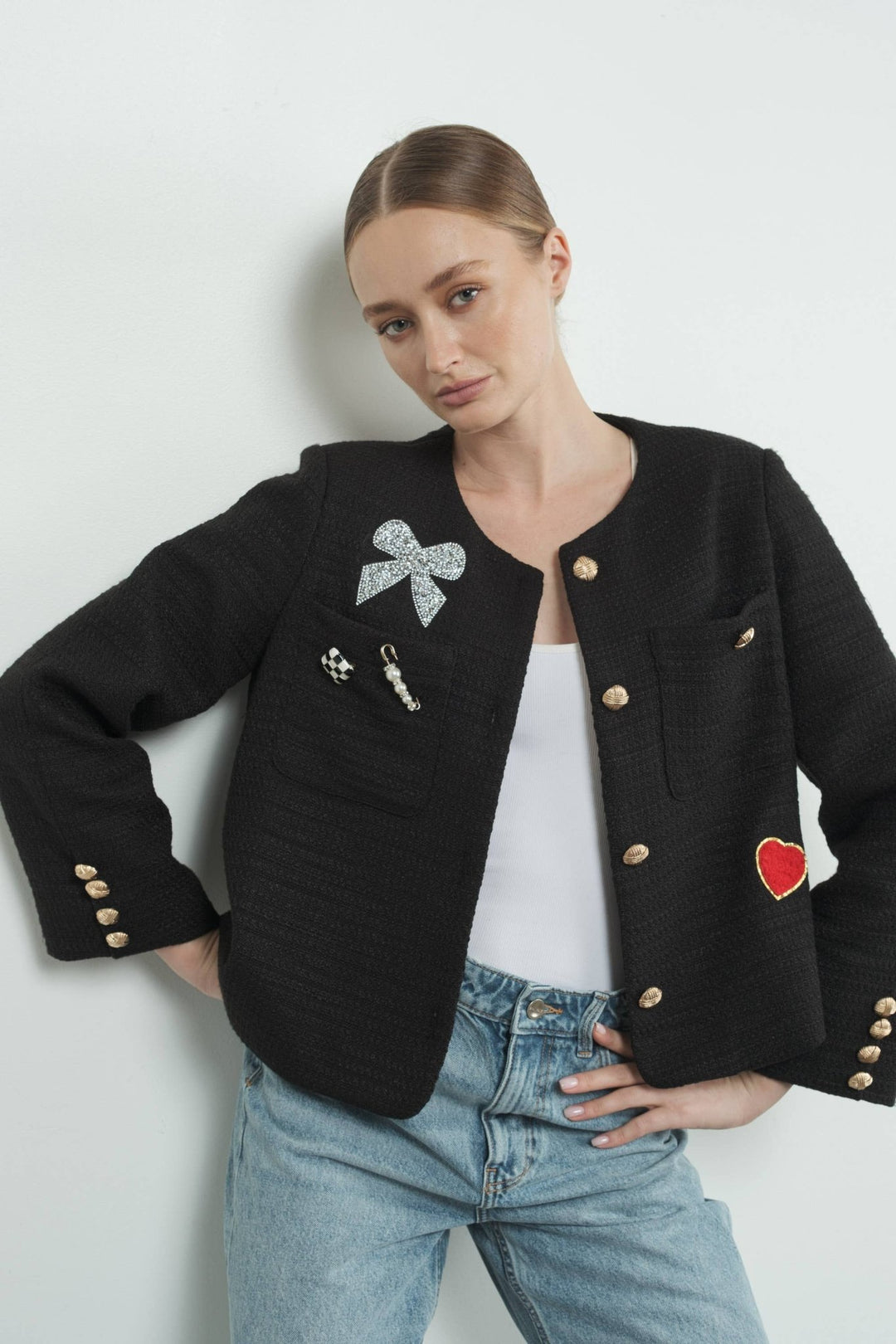 TWEED JACKET WITH RHINESTONES PATCH AND GOLD BUTTON - The Color Collab