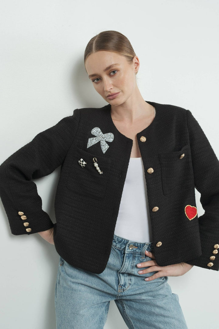TWEED JACKET WITH RHINESTONES PATCH AND GOLD BUTTON - The Color Collab