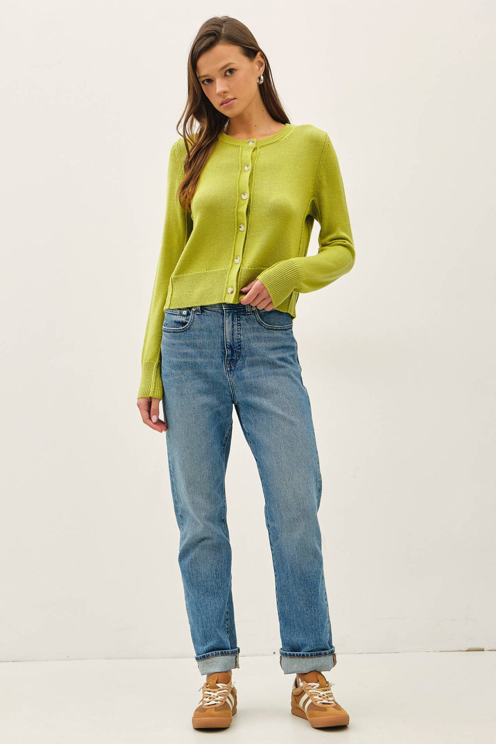 WOOL BLENDED CLASSIC CUT BUTTON UP CARDIGAN - MATCHA - The Color Collab