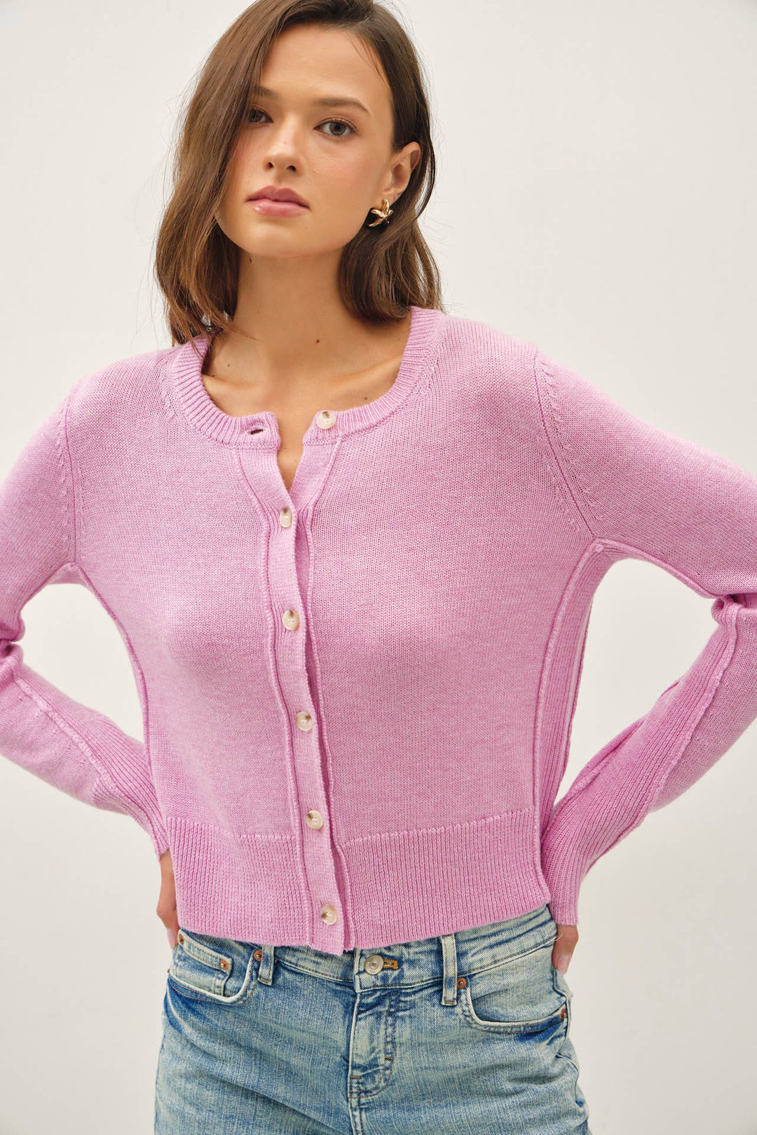 WOOL BLENDED CLASSIC CUT BUTTON UP CARDIGAN - ROSE - The Color Collab