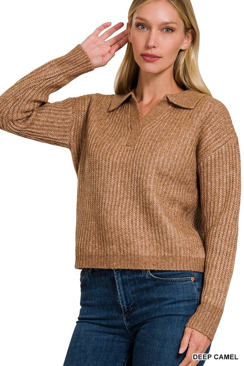 Zoey Melange Collared V - Neck Sweater - The Color Collab