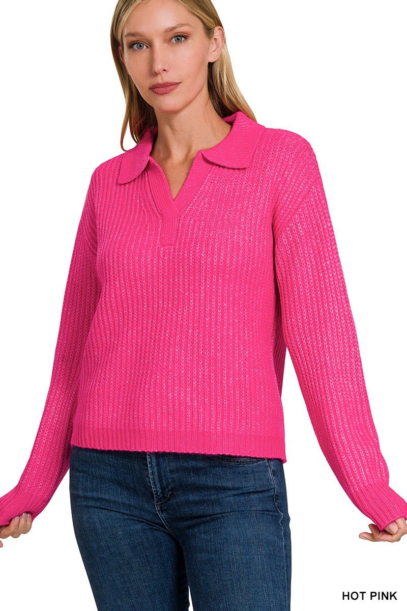 Zoey Melange Collared V - Neck Sweater - The Color Collab